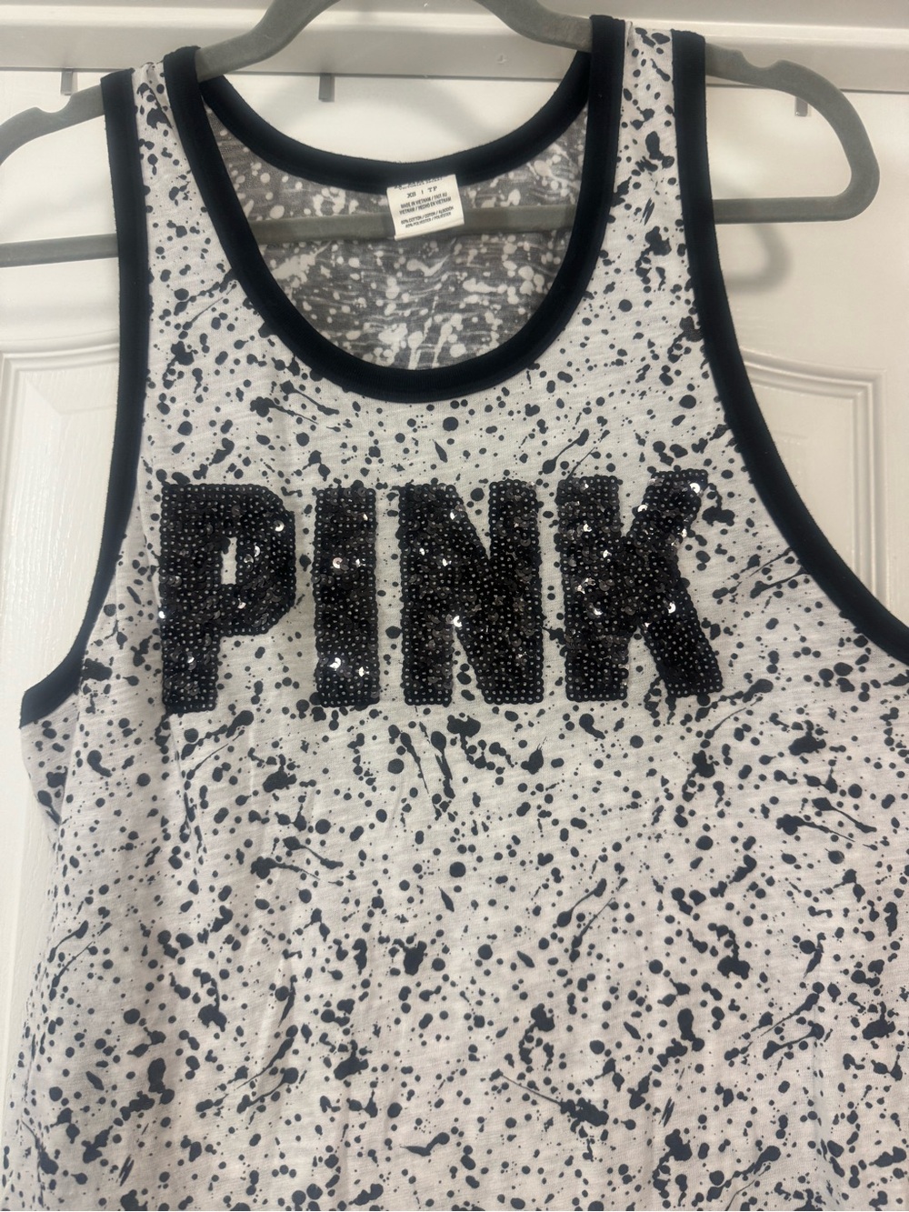 PINK Victoria's Secret Black & White Splatter Sequin Logo Tank - Picture 2 of 5
